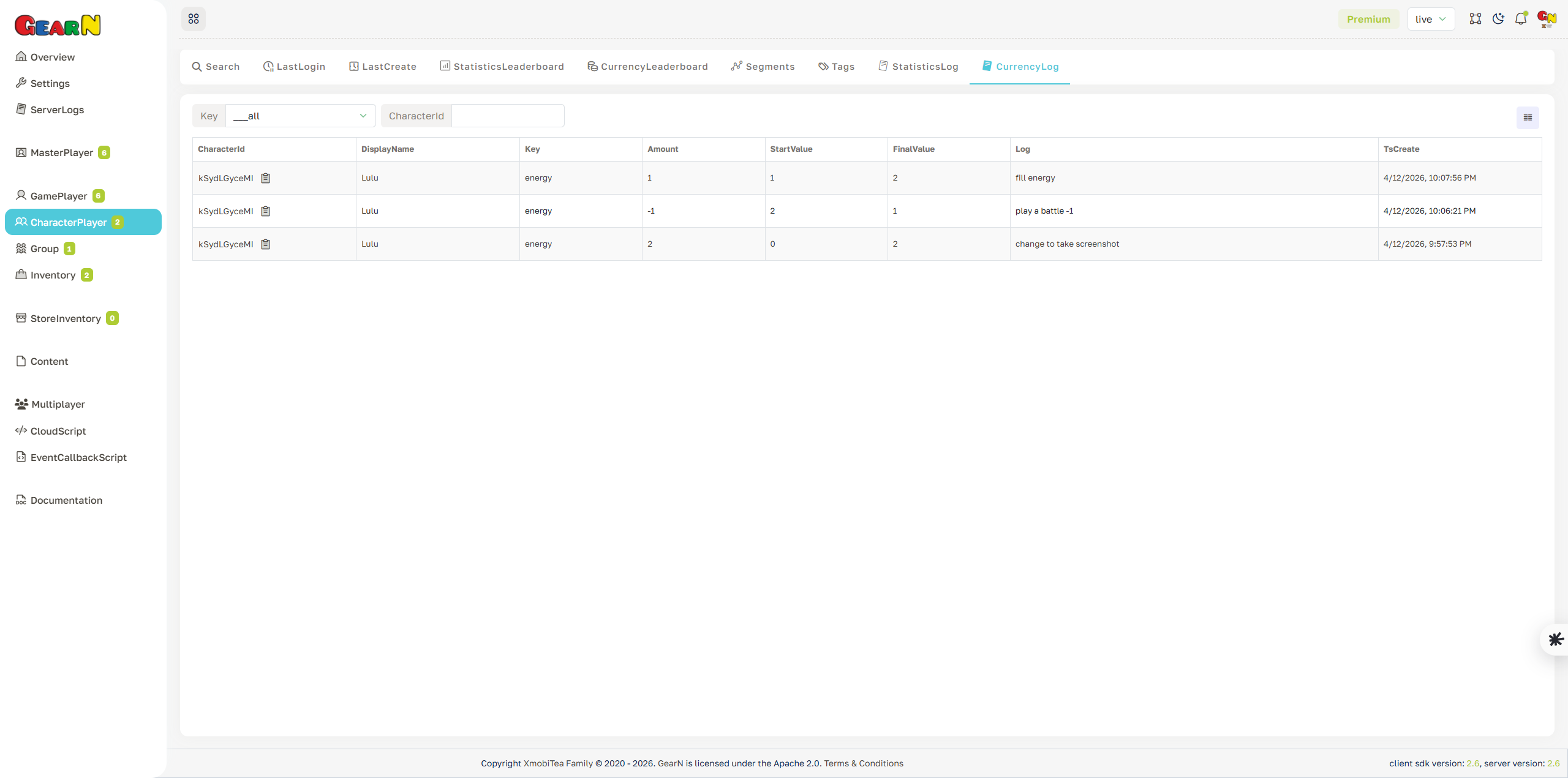 GearN dashboard character player currency log screenshot