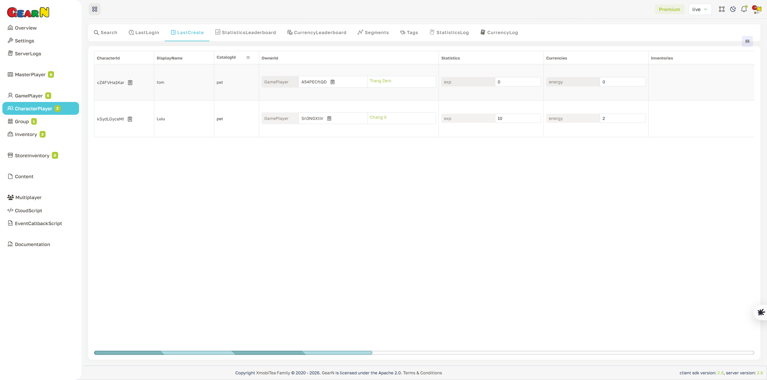 GearN dashboard character player last create screenshot