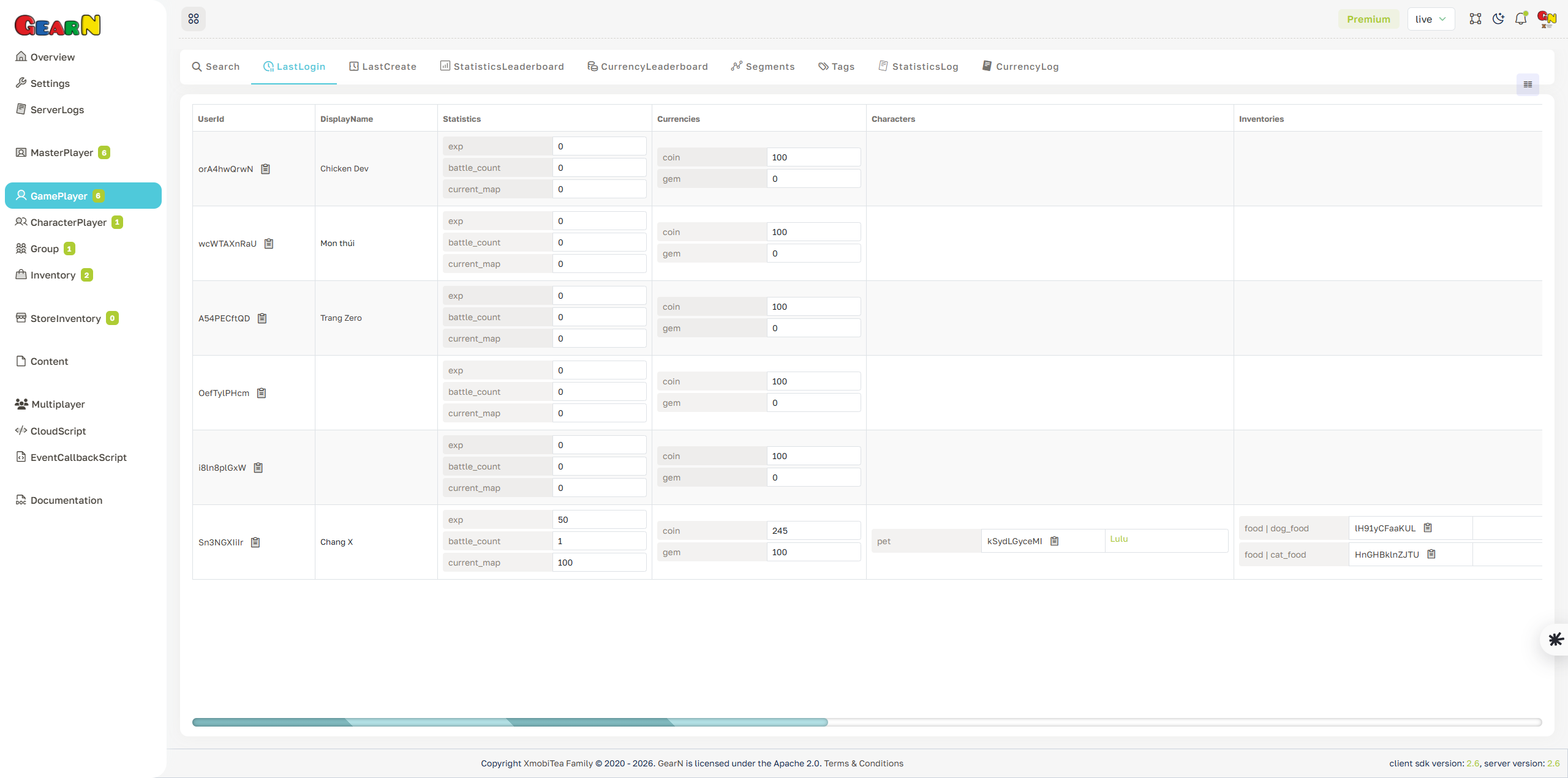 GearN dashboard game player last login screenshot