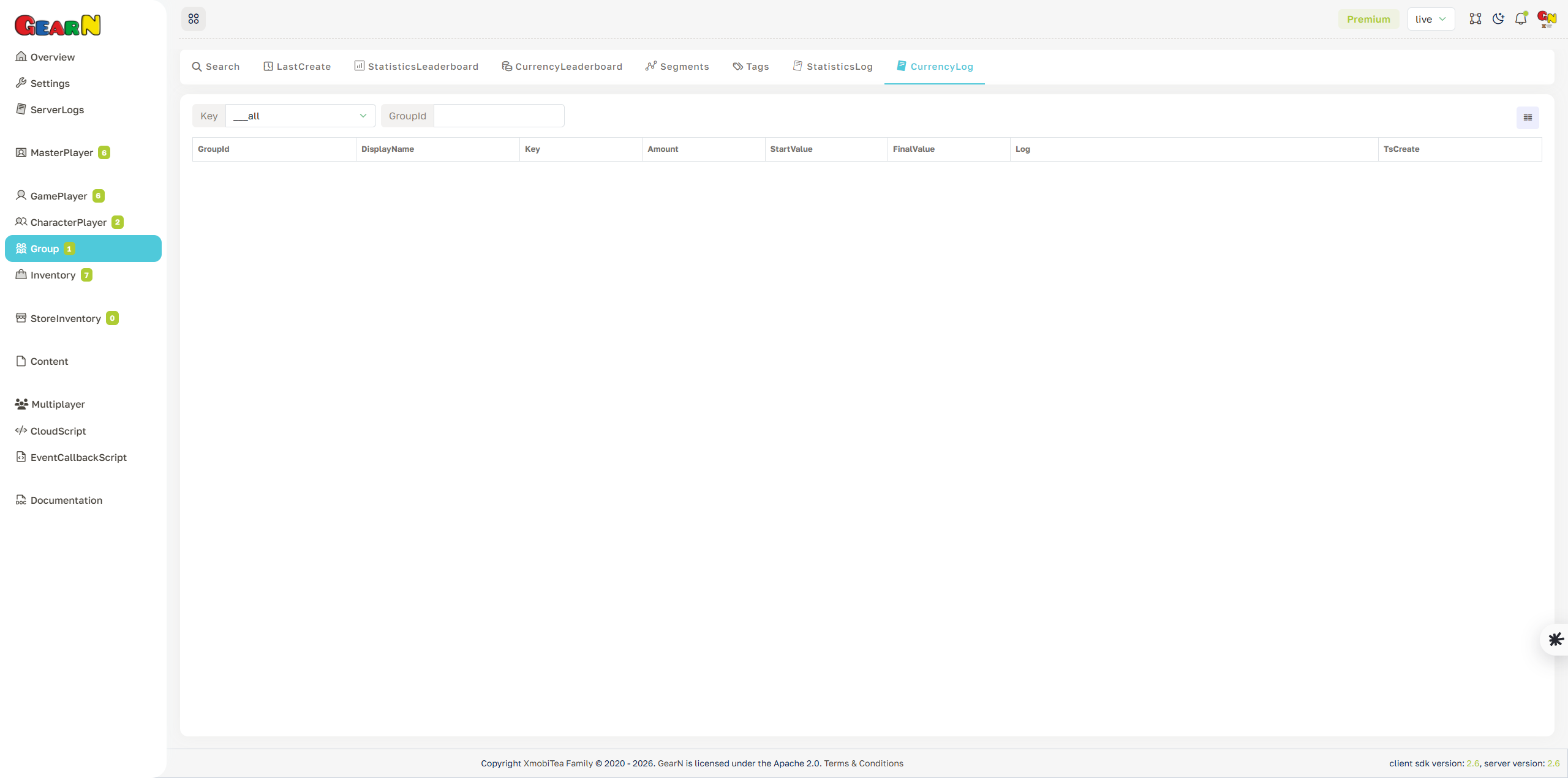 GearN dashboard group currency log screenshot